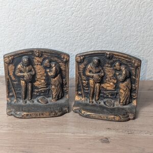 The Angelus Prayer bookends  brass over cast iron, farmers pray at harvest